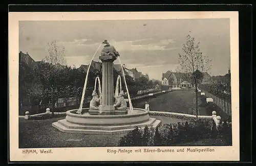 AK Hamm i. Westf., Ring-Anlage mit dem Bären-Brunnen und dem Musikpavillon