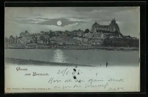 Mondschein-AK Breisach, Gesamtansicht vom Ufer aus, Blick zum Münster St. Stephan