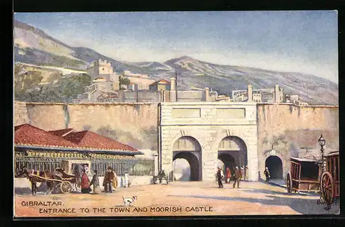 Künstler-AK Gibraltar, Entrance to the town and Moorish Castle