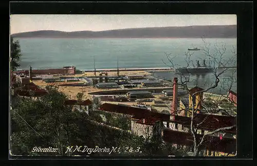 AK Gibraltar, looking at N. M. Dry Docks N. 1, 2 and 3