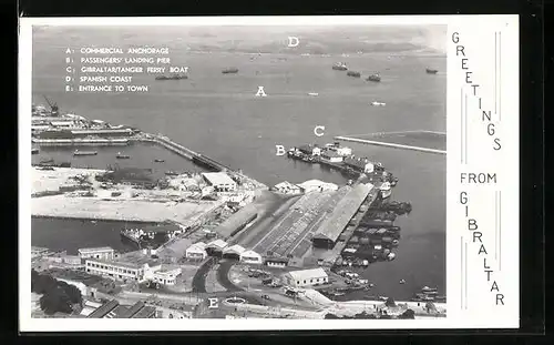 AK Gibraltar, Fliegeraufnahme, Commercial Anchorage, Passengers` landing pier, Spanish Coast