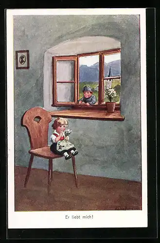 Künstler-AK Ad. Hoffmann: Er liebt mich!, Kindersoldat am Fenster