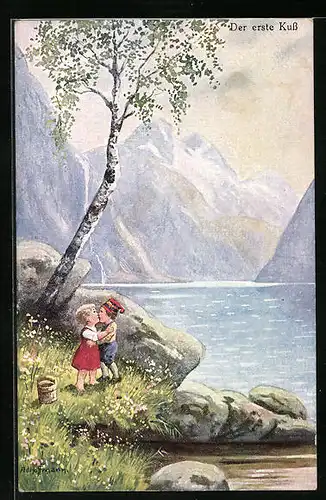 Künstler-AK Ad. Hoffmann: Der erste Kuss, Kinder in den Bergen