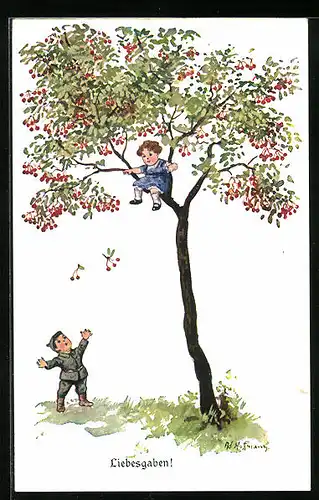Künstler-AK Ad. Hoffmann: Liebesgaben, Kindersoldat am Kirschbaum
