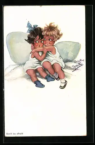 Künstler-AK Chicky Spark: Zwei ängstliche Mädchen im Bett