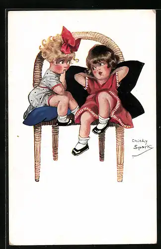 Künstler-AK Chicky Spark: Zwei niedliche Mädchen auf einem Stuhl