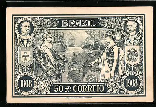 Künstler-AK Brazil, 50 R.s Correio, 1808-1908, Carlos I. König von Portugal, Präsident Affonso Penna