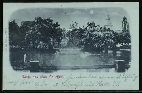 Mondschein-AK Bad Lauchstädt, Ruderpartie auf dem Parksee