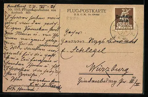 AK Ansbach / Mfr., Totalansicht, Flugzeugaufnahme