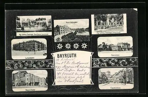 AK Bayreuth, Luitpoldplatz, Kgl. Schloss Eremitage, Opernstrasse, Canzleistrasse