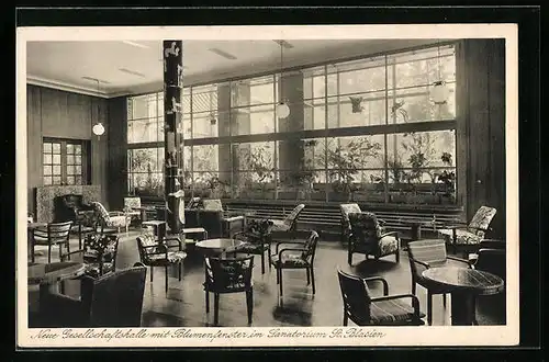 AK St. Blasien / Schwarzwald, Neue Gesellschaftshalle mit Blumenfenster im Sanatorium