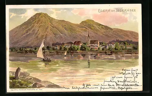 Lithographie Egern / Tegernsee, Totale mit Kirche