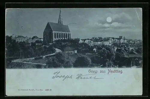 Mondschein-AK Neuötting, Totale mit Kirche