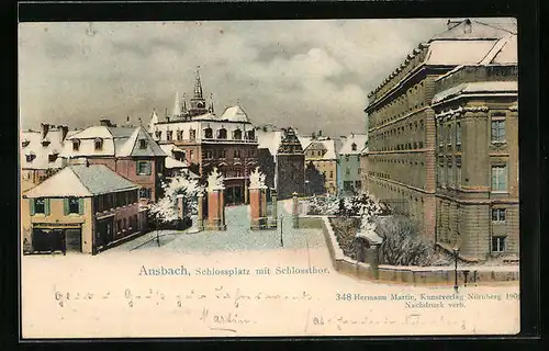 AK Ansbach, Schlossplatz mit Schlossthor im Winterglanz