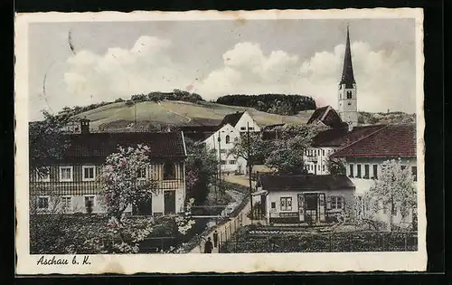AK Aschau b. K., Teilansicht mit Kneipe und Kirchturm