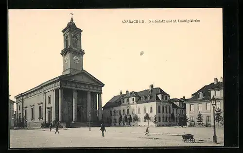 AK Ansbach i. B., Karlsplatz und St. Ludwigskirche