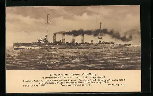 AK Kriegsschiff S. M. Strassburg in voller Fahrt, Schwesternschiffe: Berslau, Stralsund u. Magdeburg