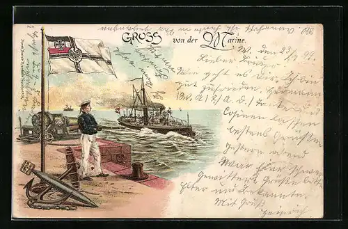 Lithographie Matrose mit Gewehr am Ufer und Kriegsschiff
