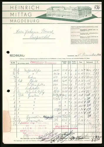 Rechnung Magdeburg 1940, Heinrich Mittiag, Textilwarengrosshandlung, Werksansicht