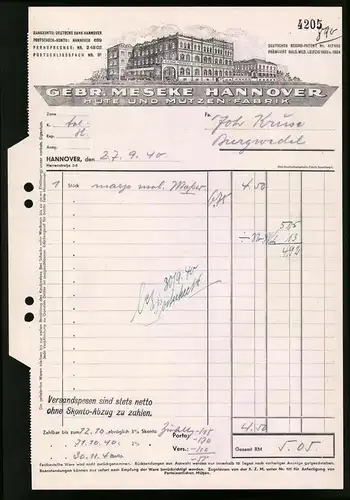 Rechnung Hannover 1940, Gebr. Meseke, Hüte und Mützenfabrik, Blick auf das Werk