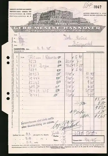 Rechnung Hannover 1940, Gebr. Meseke, Hüte und Mützenfabrik, Ansicht des Fabrikgebäudes