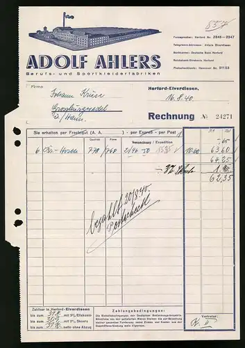 Rechnung Herford-Elverdissen 1940, Adolf Ahlers, Berufs- und Sportkleiderfabrik, Fabrikansicht