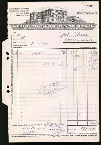Rechnung Hannover 1940, Gebr. Meseke, Fabrik für Hüte und Mützen, Werksansicht