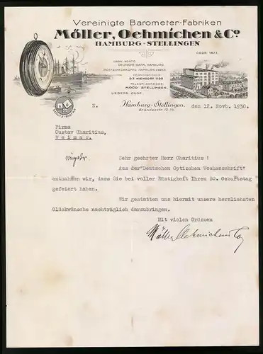 Rechnung Hamburg-Stellingen 1930, Vereinigte Barometer Fabriken Möller, Oehmichen & Co., Werksansicht