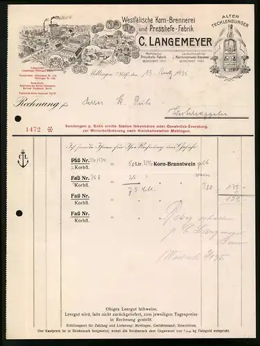 Rechnung Mettingen 1935, Westfälische Korn-Brennerei C. Langenmeyer, Alter Tecklenburger, Werksansicht