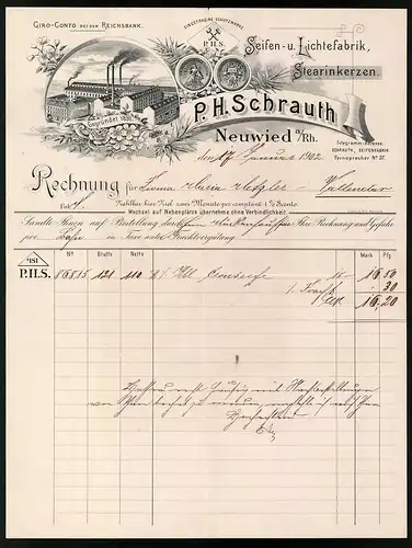 Rechnung Neuwied a. Rh. 1902, Seifen- u. Lichtefabrik Stearinkerzen, P.H. Schrauth, Blick auf das Werk