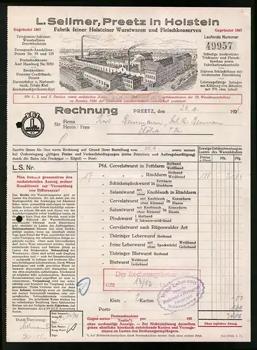 Rechnung Preetz 1926, Holsteiner Wurstwaren und Fleischkonserven Fabrik J. Sellmer, Blick auf das Werk