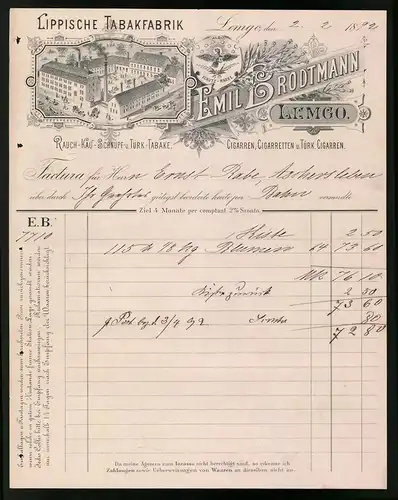 Rechnung Lemgo 1892, Lippische Tabakfabrik Emil Brodtmann, Rauch-Kau-Schnup und Türk. Tabak, Werksansicht
