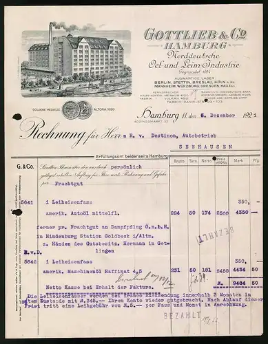 Rechnung Hamburg 1921, Norddeutsche Oel- und Leim-Industrie Gottlieb & Co., Werk an der Elbe