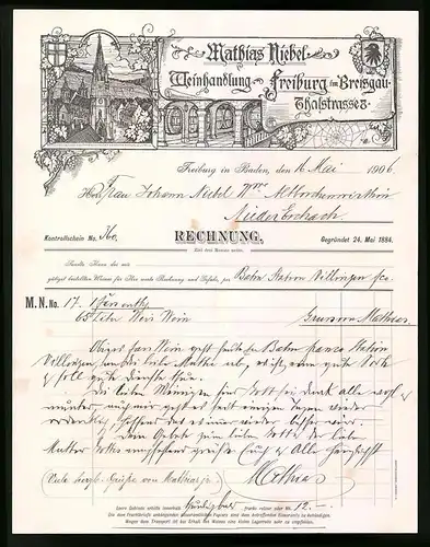Rechnung Freiburg i. Br., 1906, Weinhandlung Mathias Niebel, Ansicht der Stadt und des Weinlagers