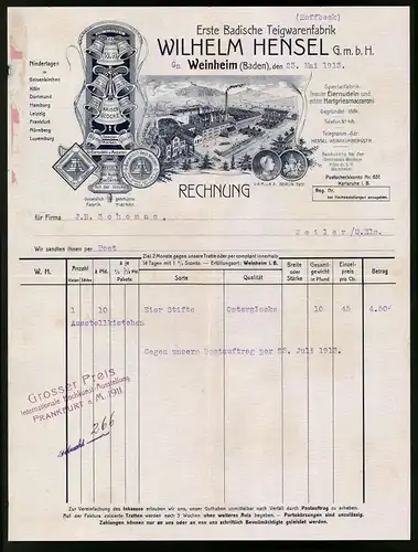 Rechnung Weinheim / Baden 1913. Erste Badische Teigwarenfabrik Wilhelm Hensel Gmbh, Werksansicht