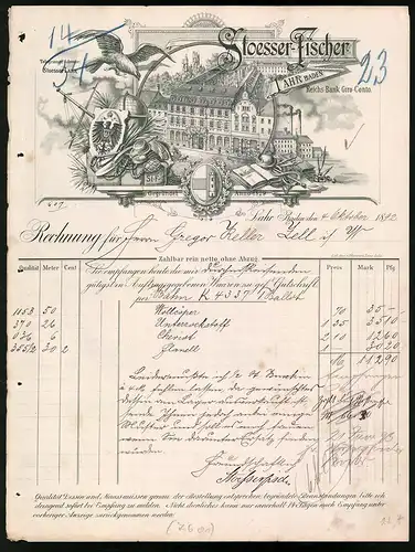Rechnung Lahr / Baden 1892, Werksansicht der Firma Stoesser-Fischer, mit Wappen und Adler, Globus