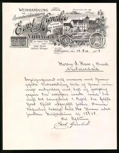 Rechnung Villingen 1908, Branntweinbrennerei und Weinhandlung Ernst Kienzler, Lageransichten