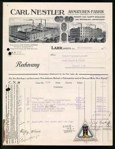Rechnung Lahr / Baden 1922, Armaturen-Fabrik Carl Nestler, Ansicht der Fabriken