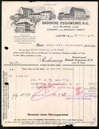 Rechnung Lahr i. B., 1928, Badische Essigwerke A.-G., Essigsprit- und Weinessig-Fabrik, Werksanlagen