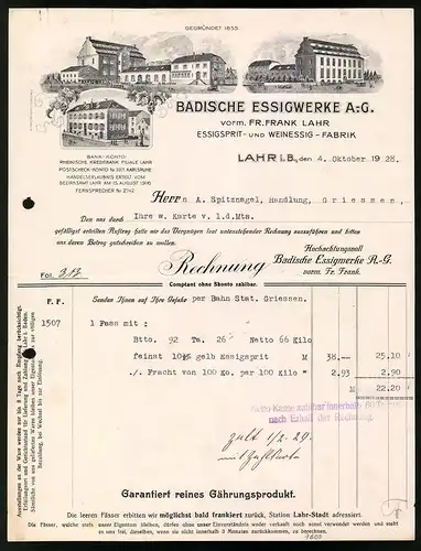 Rechnung Lahr i. B. 1928, Essigsprit- und Weinessig Fabrik, Badische Essigwerke A.-G., Werksansichten
