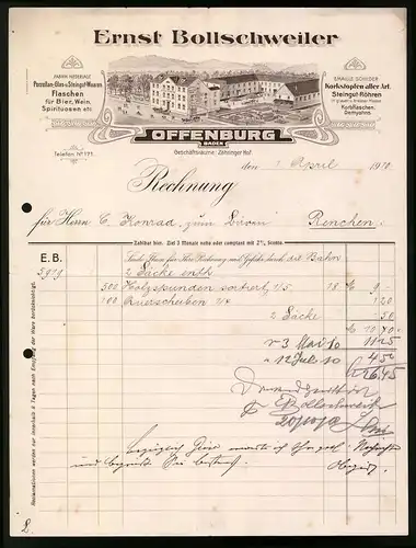 Rechnung Offenburg 1910, Porzellan-, Glas- und Steingutwaaren Ernst Bollschweiler, Fabrikansicht