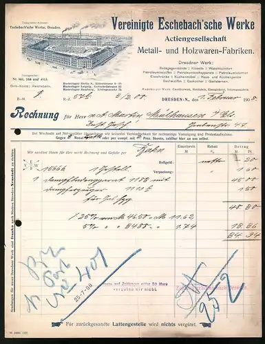Rechnung Dresden 1908, Vereinigte Eschebach`sche Werke, Metall- und Holzwearen Fabriken, Werksansicht