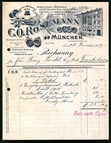 Rechnung München 1917, Maschinen und Apparete für Mälzereien und Brauereien C. O. Rosemann, Verkaufshaus