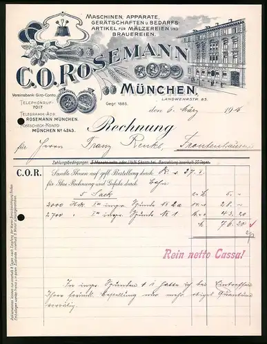 Rechnung München 1916, Maschinen und Apparate für Mälzerei und Brauereien C. O. Rosemann, Verkaufshaus
