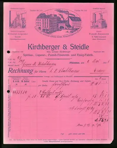 Rechnung München 1916, Spiritus, Liqueur, Punsch-Essenzen und Essig-Farbik Kirchberger & Steidle, Werksansicht
