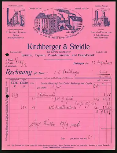 Rechnung München 1913, Spiritus, Liqueur, Punsch-Essenzen und Essig-Farbik Kirchberger & Steidle, Werksansicht