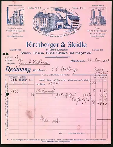 Rechnung München 1913, Spiritus, Liqueur, Punsch-Essenzen und Essig-Farbik Kirchberger & Steidle, Werksansicht