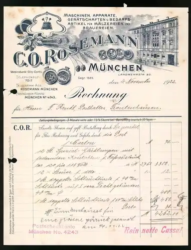 Rechnung München 1922, Maschinen, Apparate, Gerätschaften für Mälzerei und Brauereien C. O. Rosemann, Verkaufshaus