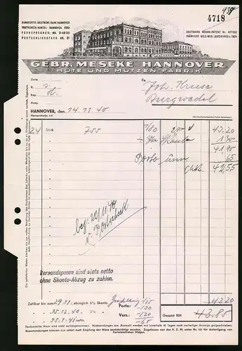 Rechnung Hannover 1940, Hüte und Mützenfabrik Gebr. Meseke, Blick auf die Fabrik