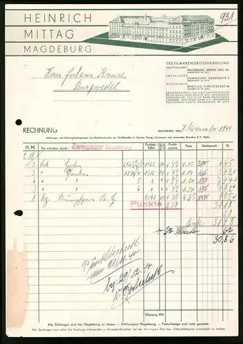 Rechnung Magdeburg 1940, Textilwarengrosshandlung Heinrich Mittag, Blick auf das Werk